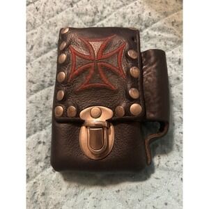 Biker Leather Belt Pouch Iron Cross Studded Motorcycle Holster Made in USA Black